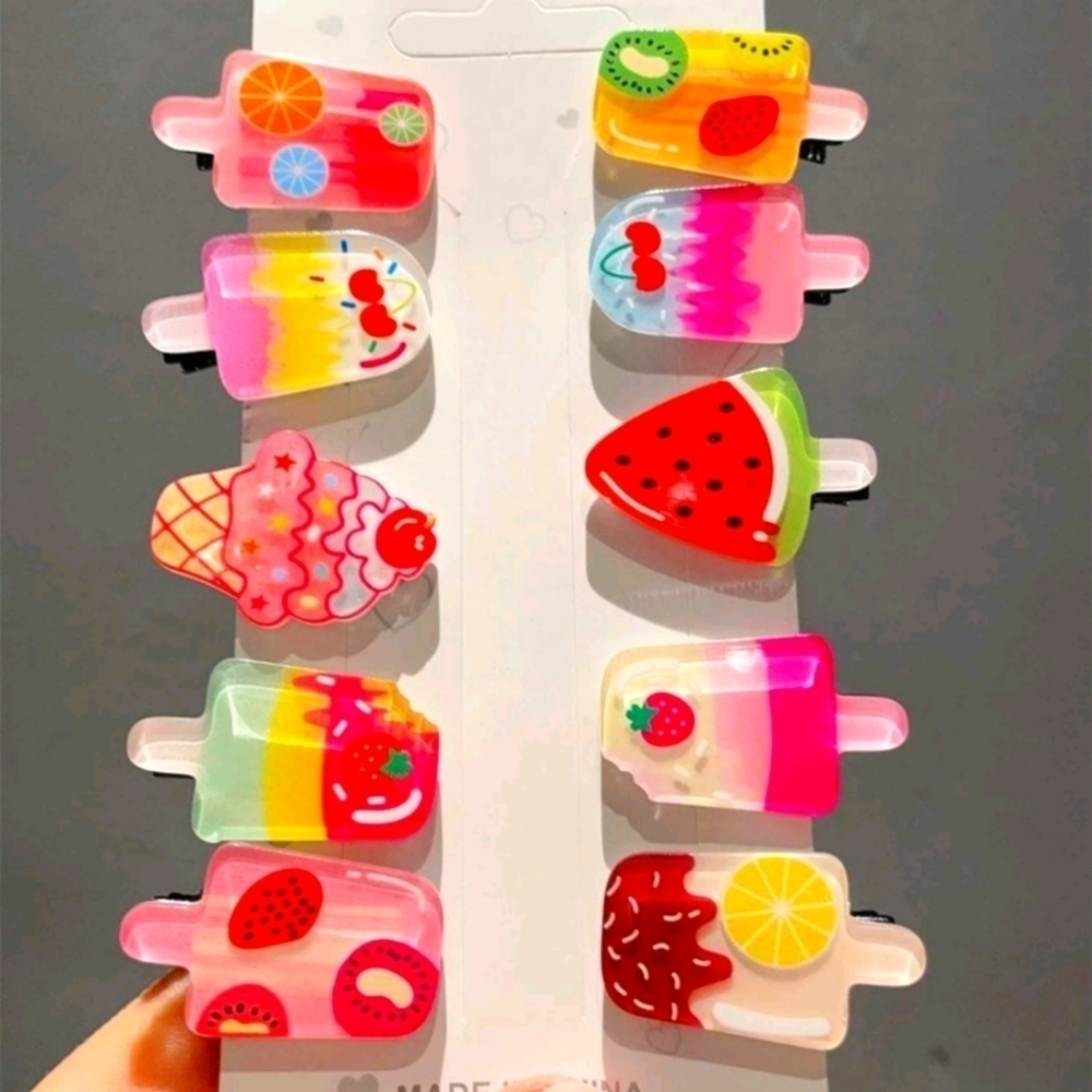 10 piece hair clip accessory girls cute fun watermelon popsicles jewelry pink